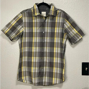 Holton Men’s Cotton Blend Yellow/Grey Plaid Button Down Camp Short Sleeve SMALL